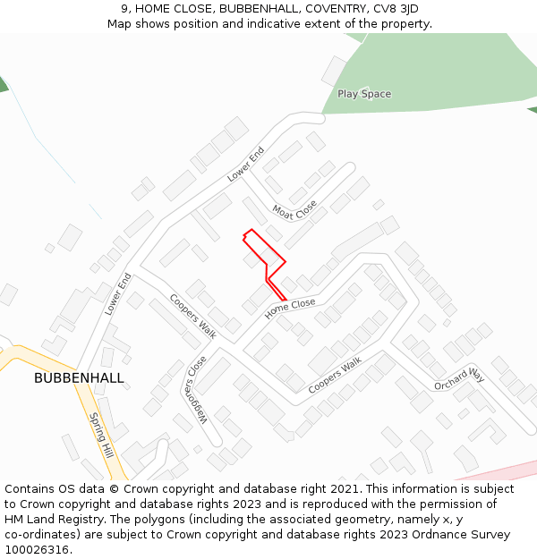 9, HOME CLOSE, BUBBENHALL, COVENTRY, CV8 3JD: Location map and indicative extent of plot