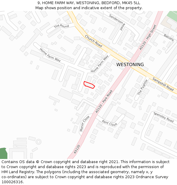 9, HOME FARM WAY, WESTONING, BEDFORD, MK45 5LL: Location map and indicative extent of plot