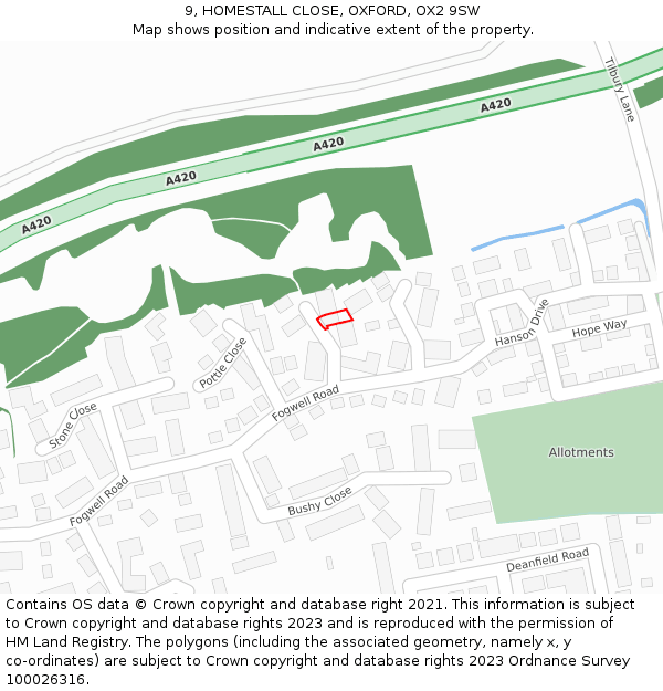 9, HOMESTALL CLOSE, OXFORD, OX2 9SW: Location map and indicative extent of plot