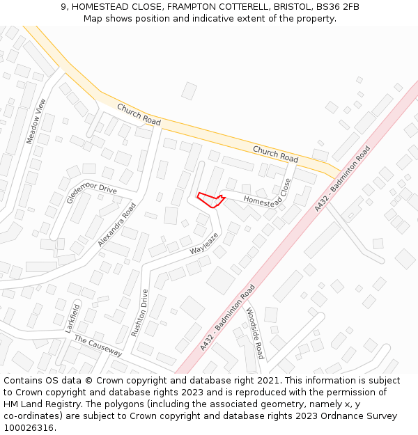 9, HOMESTEAD CLOSE, FRAMPTON COTTERELL, BRISTOL, BS36 2FB: Location map and indicative extent of plot