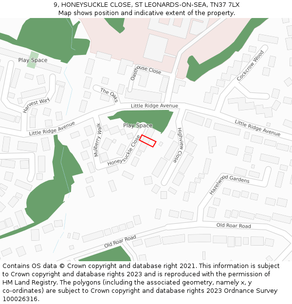 9, HONEYSUCKLE CLOSE, ST LEONARDS-ON-SEA, TN37 7LX: Location map and indicative extent of plot
