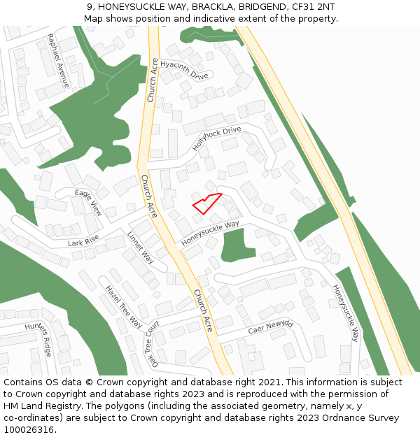 9, HONEYSUCKLE WAY, BRACKLA, BRIDGEND, CF31 2NT: Location map and indicative extent of plot