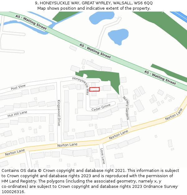 9, HONEYSUCKLE WAY, GREAT WYRLEY, WALSALL, WS6 6QQ: Location map and indicative extent of plot