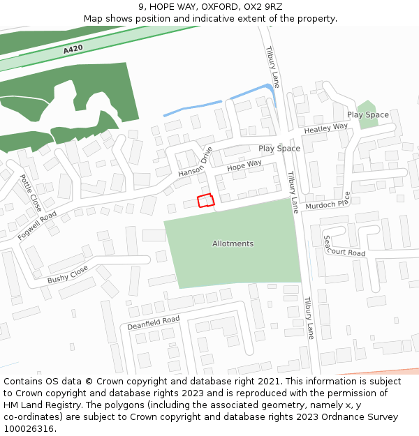 9, HOPE WAY, OXFORD, OX2 9RZ: Location map and indicative extent of plot