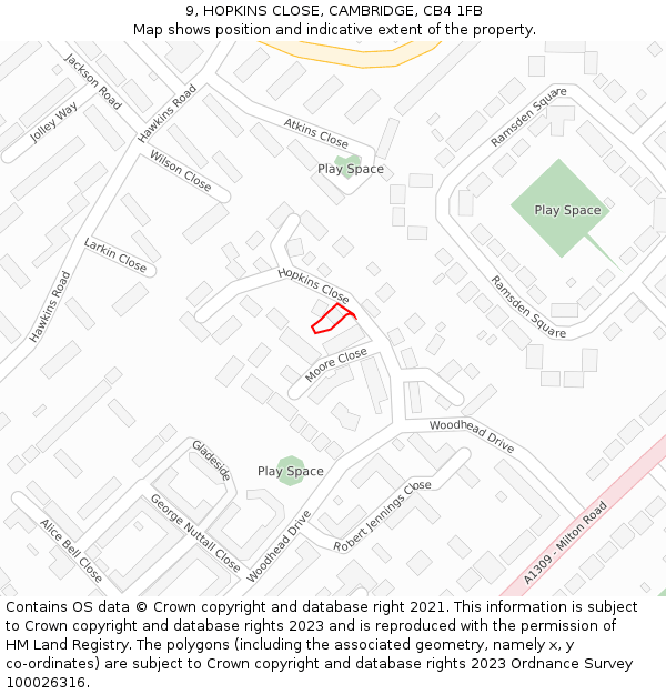 9, HOPKINS CLOSE, CAMBRIDGE, CB4 1FB: Location map and indicative extent of plot