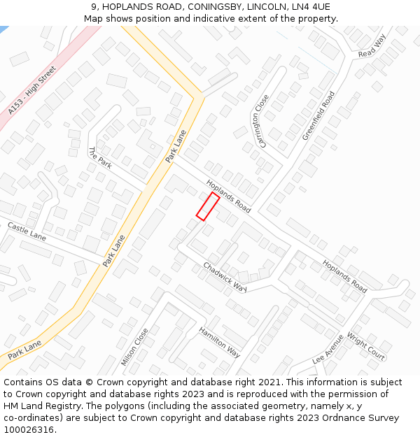 9, HOPLANDS ROAD, CONINGSBY, LINCOLN, LN4 4UE: Location map and indicative extent of plot