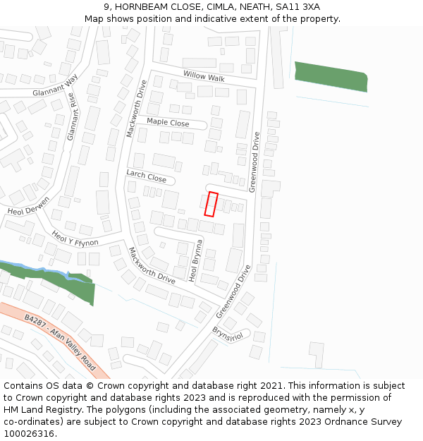 9, HORNBEAM CLOSE, CIMLA, NEATH, SA11 3XA: Location map and indicative extent of plot