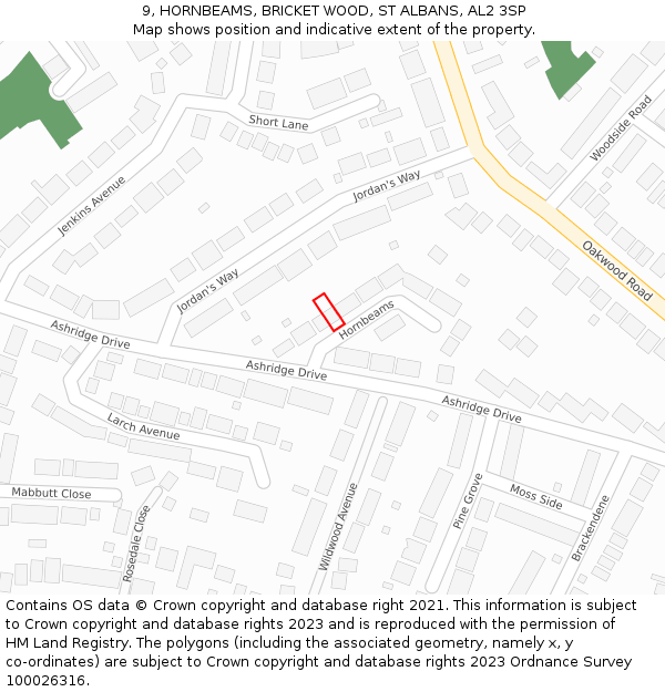 9, HORNBEAMS, BRICKET WOOD, ST ALBANS, AL2 3SP: Location map and indicative extent of plot