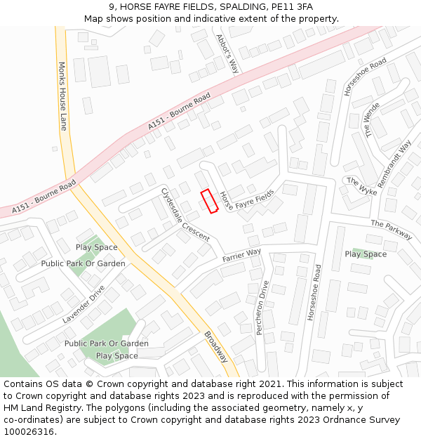 9, HORSE FAYRE FIELDS, SPALDING, PE11 3FA: Location map and indicative extent of plot