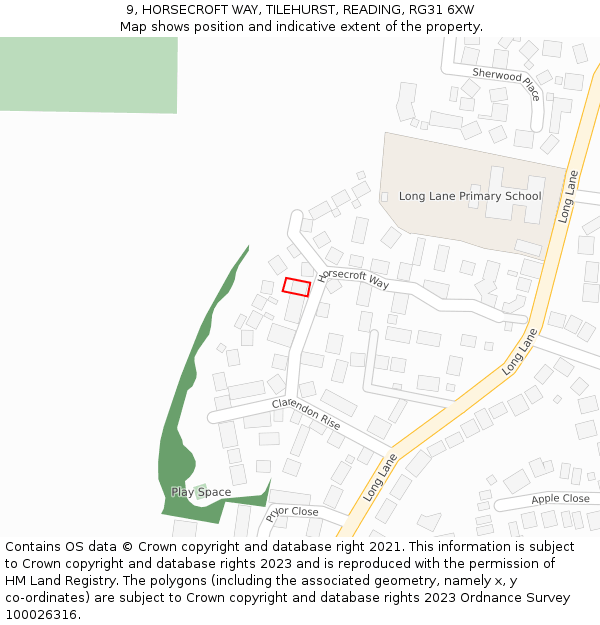 9, HORSECROFT WAY, TILEHURST, READING, RG31 6XW: Location map and indicative extent of plot