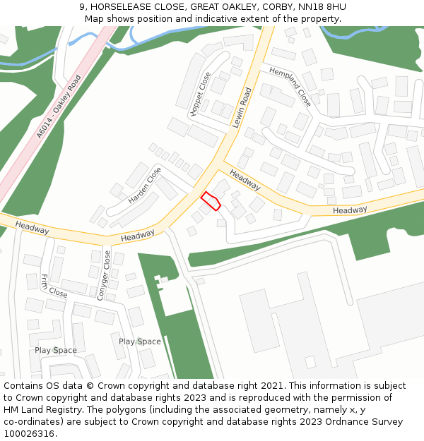 9, HORSELEASE CLOSE, GREAT OAKLEY, CORBY, NN18 8HU: Location map and indicative extent of plot