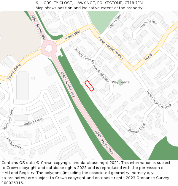 9, HORSLEY CLOSE, HAWKINGE, FOLKESTONE, CT18 7FN: Location map and indicative extent of plot