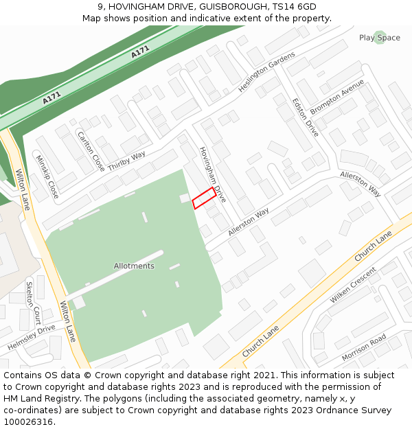 9, HOVINGHAM DRIVE, GUISBOROUGH, TS14 6GD: Location map and indicative extent of plot