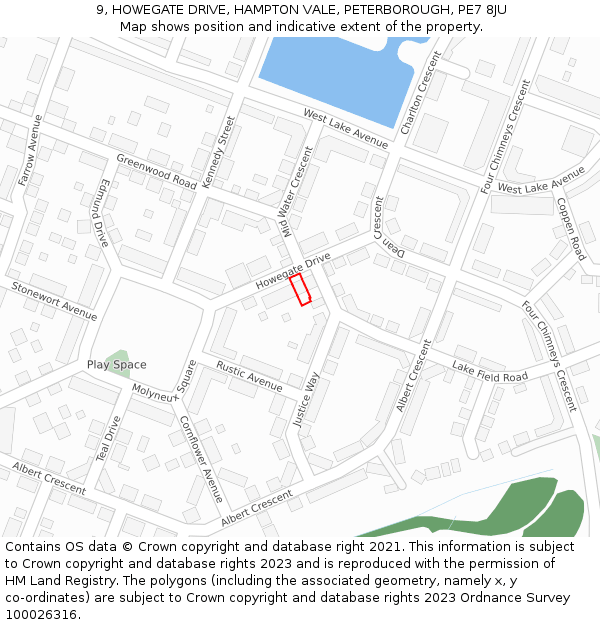 9, HOWEGATE DRIVE, HAMPTON VALE, PETERBOROUGH, PE7 8JU: Location map and indicative extent of plot