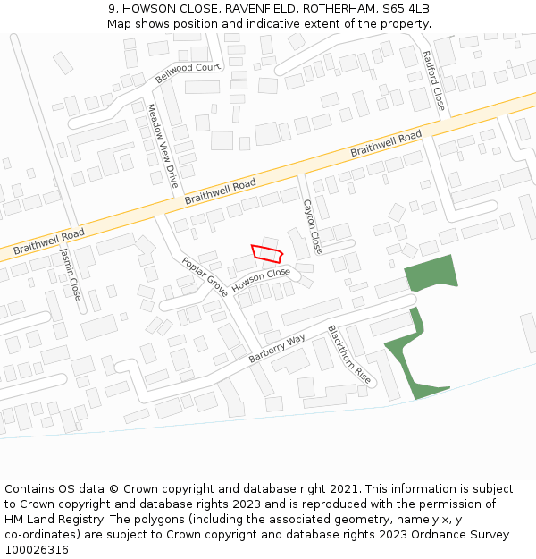 9, HOWSON CLOSE, RAVENFIELD, ROTHERHAM, S65 4LB: Location map and indicative extent of plot