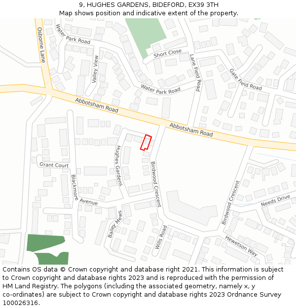 9, HUGHES GARDENS, BIDEFORD, EX39 3TH: Location map and indicative extent of plot
