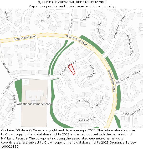 9, HUNDALE CRESCENT, REDCAR, TS10 2PU: Location map and indicative extent of plot