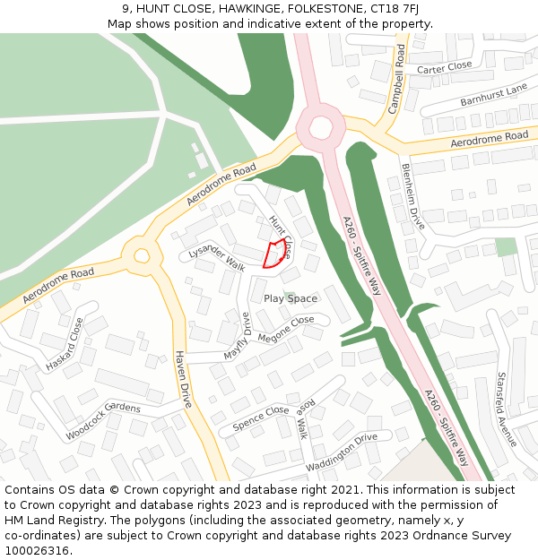 9, HUNT CLOSE, HAWKINGE, FOLKESTONE, CT18 7FJ: Location map and indicative extent of plot