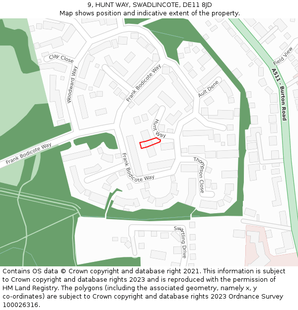 9, HUNT WAY, SWADLINCOTE, DE11 8JD: Location map and indicative extent of plot