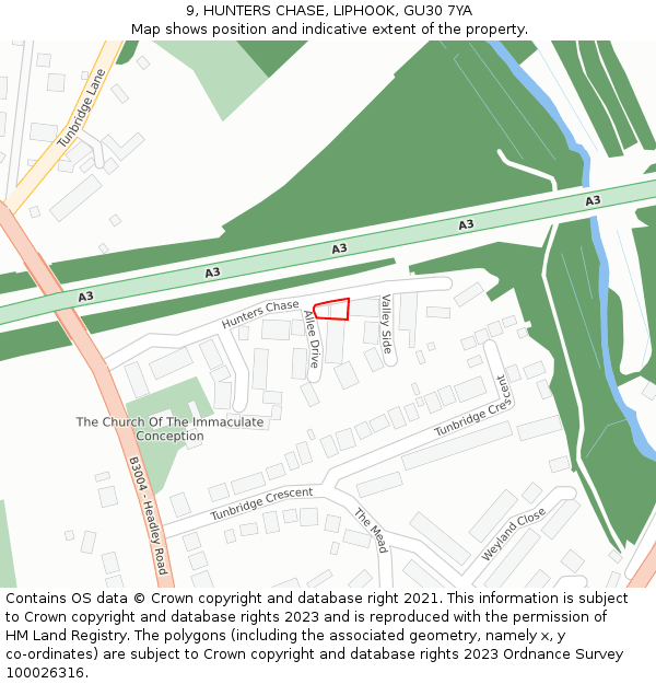 9, HUNTERS CHASE, LIPHOOK, GU30 7YA: Location map and indicative extent of plot