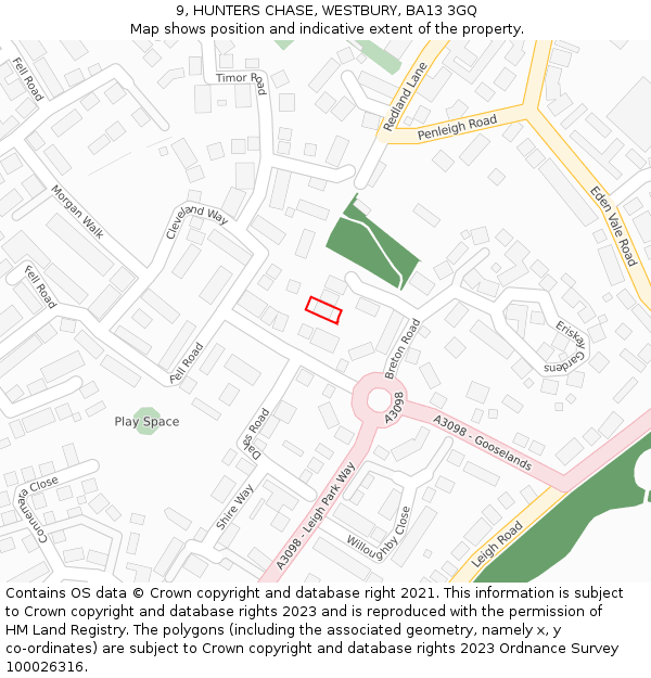 9, HUNTERS CHASE, WESTBURY, BA13 3GQ: Location map and indicative extent of plot