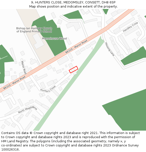 9, HUNTERS CLOSE, MEDOMSLEY, CONSETT, DH8 6SP: Location map and indicative extent of plot