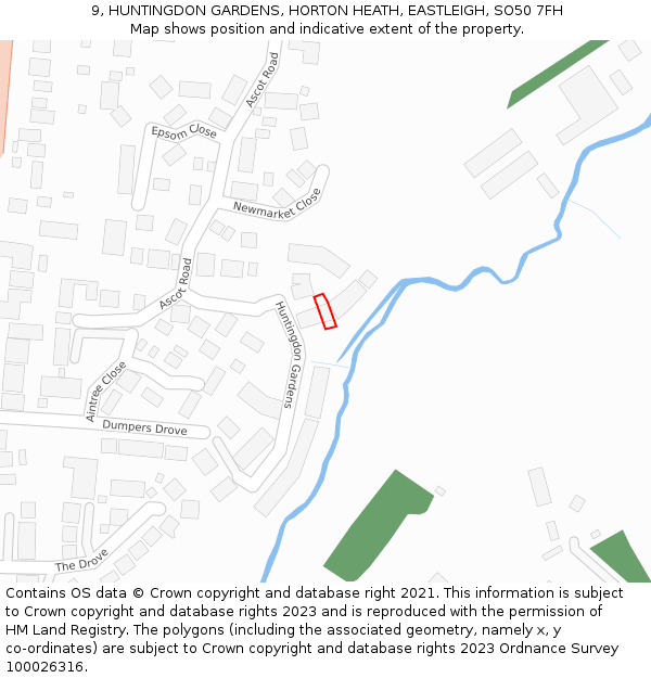 9, HUNTINGDON GARDENS, HORTON HEATH, EASTLEIGH, SO50 7FH: Location map and indicative extent of plot