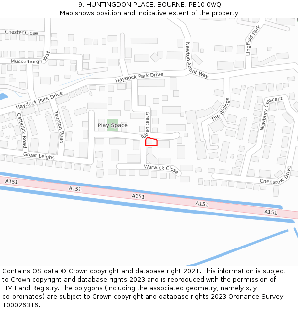 9, HUNTINGDON PLACE, BOURNE, PE10 0WQ: Location map and indicative extent of plot