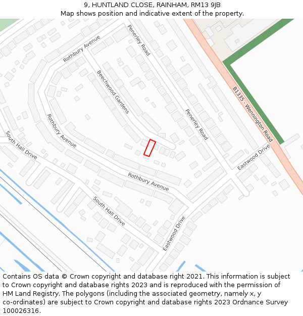 9, HUNTLAND CLOSE, RAINHAM, RM13 9JB: Location map and indicative extent of plot