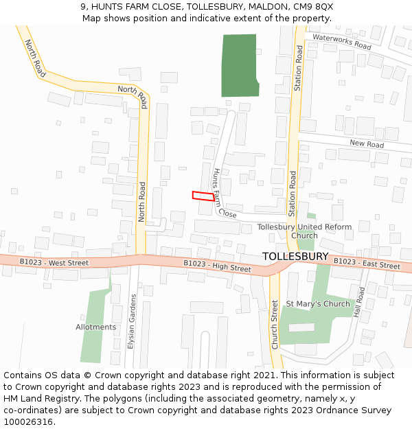 9, HUNTS FARM CLOSE, TOLLESBURY, MALDON, CM9 8QX: Location map and indicative extent of plot