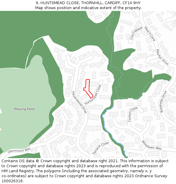 9, HUNTSMEAD CLOSE, THORNHILL, CARDIFF, CF14 9HY: Location map and indicative extent of plot