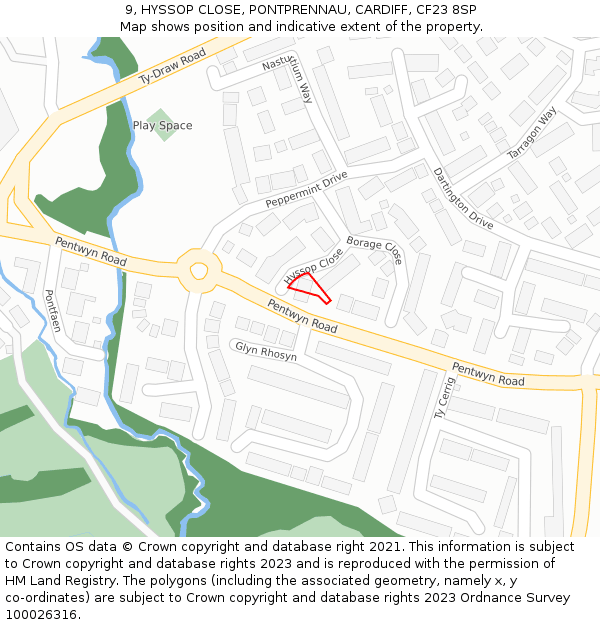 9, HYSSOP CLOSE, PONTPRENNAU, CARDIFF, CF23 8SP: Location map and indicative extent of plot