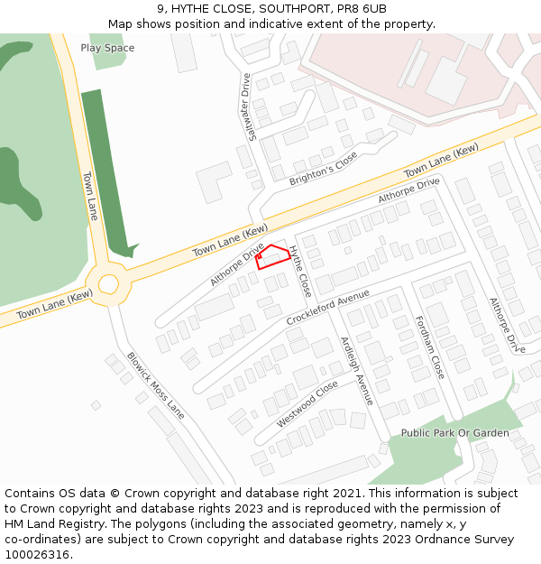 9, HYTHE CLOSE, SOUTHPORT, PR8 6UB: Location map and indicative extent of plot