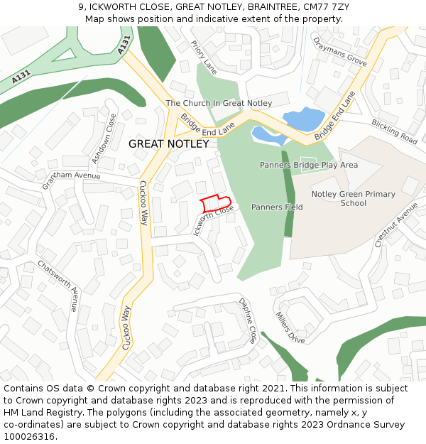 9, ICKWORTH CLOSE, GREAT NOTLEY, BRAINTREE, CM77 7ZY: Location map and indicative extent of plot