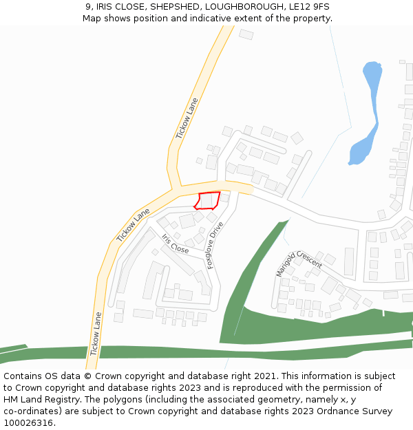 9, IRIS CLOSE, SHEPSHED, LOUGHBOROUGH, LE12 9FS: Location map and indicative extent of plot