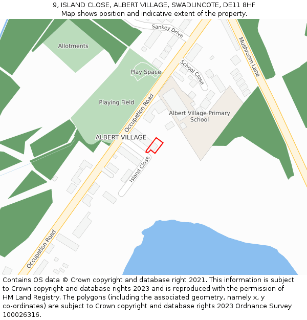 9, ISLAND CLOSE, ALBERT VILLAGE, SWADLINCOTE, DE11 8HF: Location map and indicative extent of plot