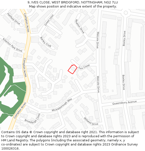 9, IVES CLOSE, WEST BRIDGFORD, NOTTINGHAM, NG2 7LU: Location map and indicative extent of plot