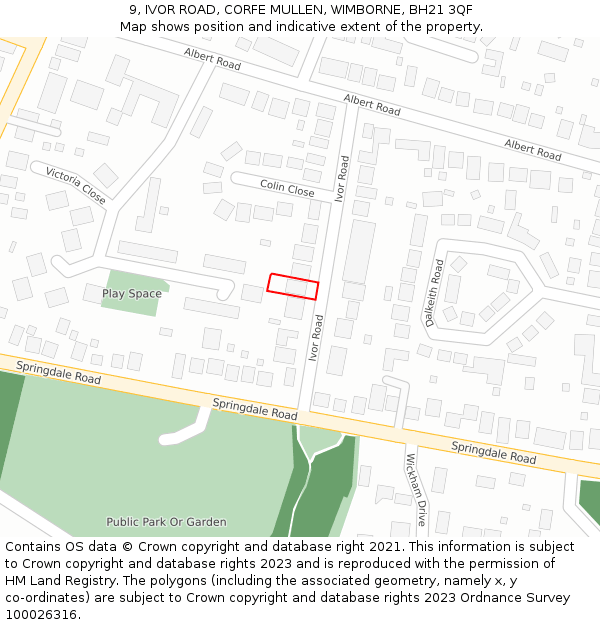 9, IVOR ROAD, CORFE MULLEN, WIMBORNE, BH21 3QF: Location map and indicative extent of plot