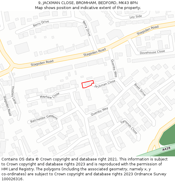 9, JACKMAN CLOSE, BROMHAM, BEDFORD, MK43 8PN: Location map and indicative extent of plot