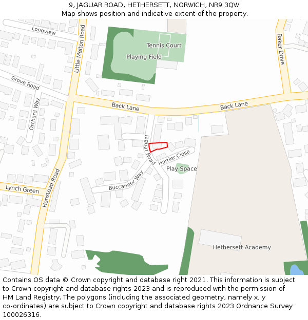 9, JAGUAR ROAD, HETHERSETT, NORWICH, NR9 3QW: Location map and indicative extent of plot