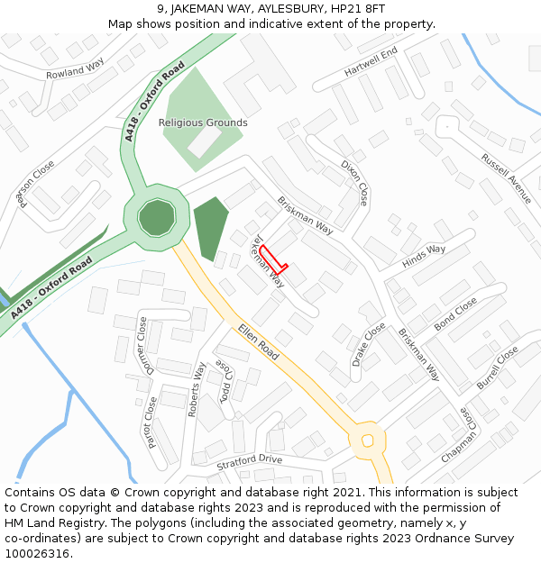 9, JAKEMAN WAY, AYLESBURY, HP21 8FT: Location map and indicative extent of plot
