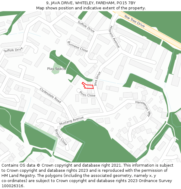 9, JAVA DRIVE, WHITELEY, FAREHAM, PO15 7BY: Location map and indicative extent of plot