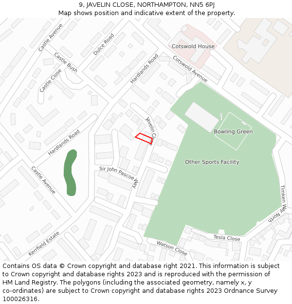 9, JAVELIN CLOSE, NORTHAMPTON, NN5 6PJ: Location map and indicative extent of plot