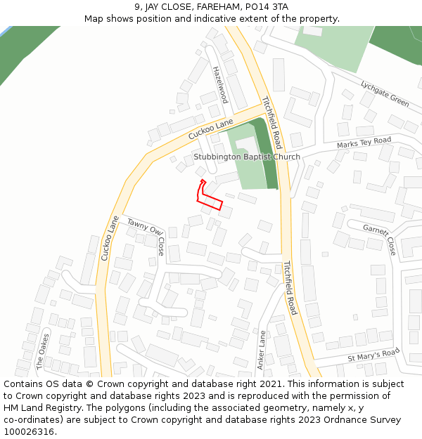 9, JAY CLOSE, FAREHAM, PO14 3TA: Location map and indicative extent of plot