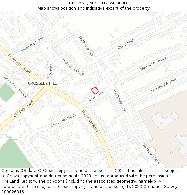 9, JENNY LANE, MIRFIELD, WF14 0BB: Location map and indicative extent of plot