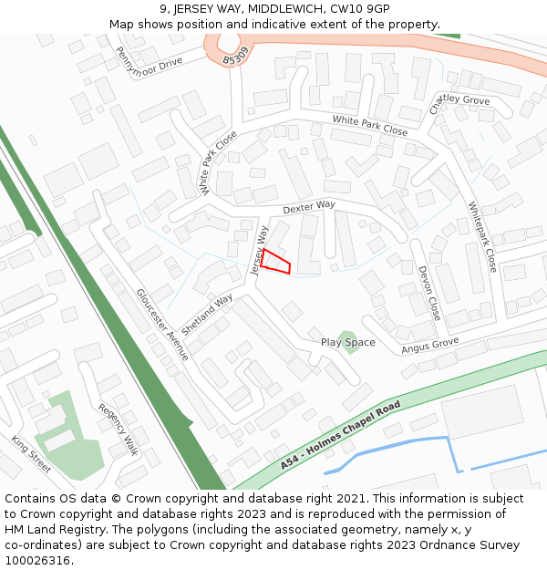 9, JERSEY WAY, MIDDLEWICH, CW10 9GP: Location map and indicative extent of plot