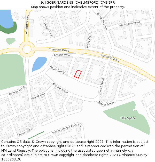 9, JIGGER GARDENS, CHELMSFORD, CM3 3FR: Location map and indicative extent of plot