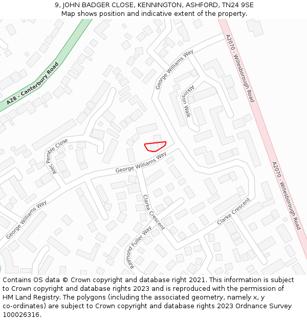 9, JOHN BADGER CLOSE, KENNINGTON, ASHFORD, TN24 9SE: Location map and indicative extent of plot