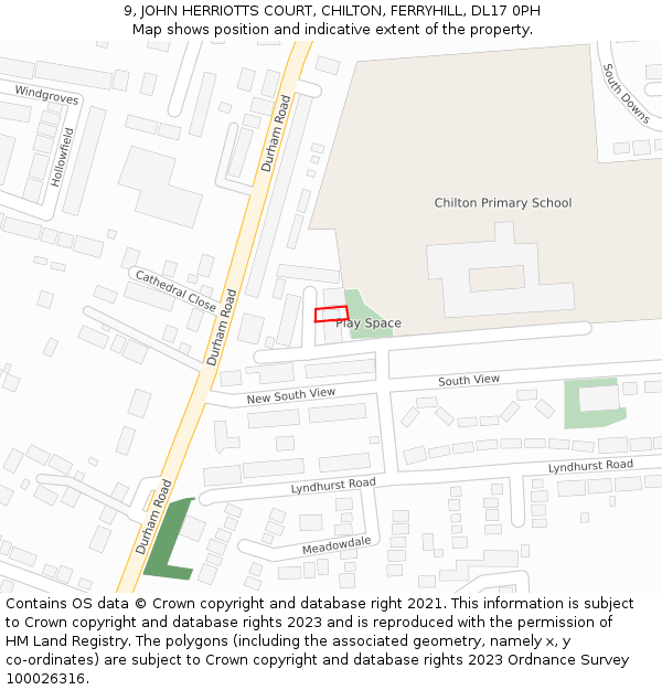 9, JOHN HERRIOTTS COURT, CHILTON, FERRYHILL, DL17 0PH: Location map and indicative extent of plot