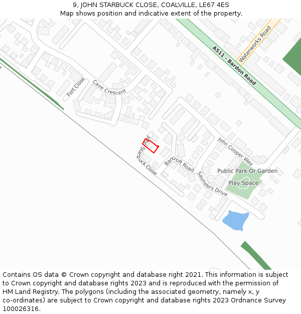 9, JOHN STARBUCK CLOSE, COALVILLE, LE67 4ES: Location map and indicative extent of plot